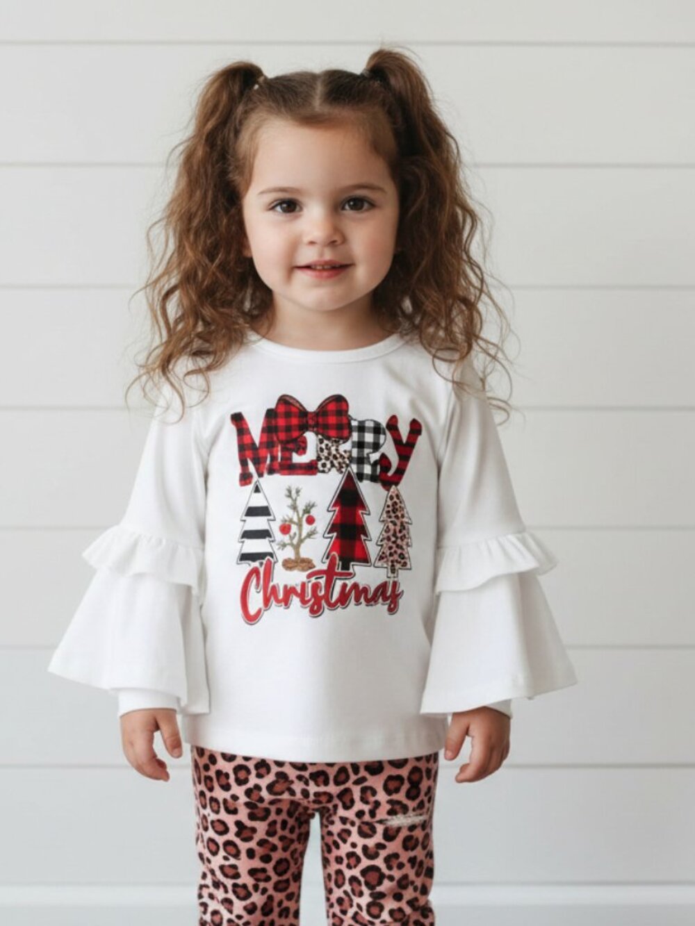 Boutique Merry Christmas Animal Print Ruffle Outfit, girls